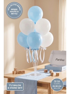 Partixa Erkek Bebek Hoş Geldin Bebek Balon Standı Seti 70 cm Masa Standı 7 Adet Mat Lateks Balon Mavi Beyaz