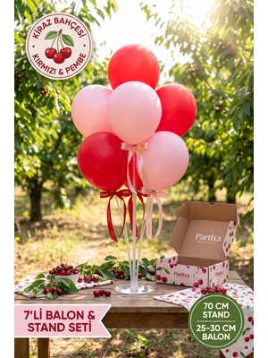 Partixa Kiraz Bahçesi Konsept Balon Standı Seti 70 cm Masa Standı 7 Adet Lateks Balon Kırmızı Pembe