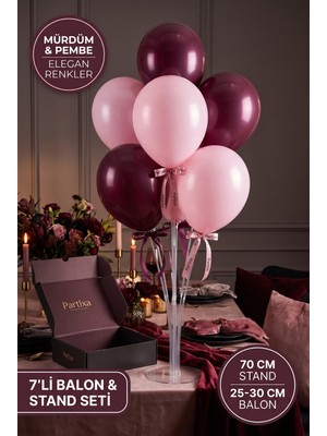 Partixa Mürdüm ve Toz Pembe Balon Standı Seti 70 cm Masa Standı 7 Adet Lateks Balon Elegan Renkler