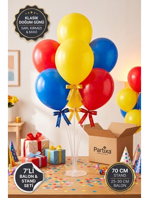 Partixa Klasik Neşeli Doğum Günü Balon Standı Seti 70 cm Masa Standı 7 Adet Lateks Balon Sarı Kırmızı Mavi