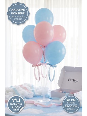 Partixa Gökyüzü ve Gökkuşağı Konsept Balon Standı Seti 70 cm Masa Standı 7 Adet Lateks Balon Mavi Pembe