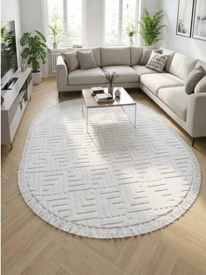 Merinos Elagans Joy Rölyef Bohem Oval Püsküllü Halı Yolluk | Kaymaz Taban | Robot Süpürge Uyumlu | Kolay Temizlenebilir | Modern Salon, Mutfak, Oda ve Koridor Halısı