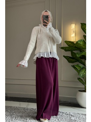 Suede Style 51224 -  Şık, Rahat Yumoş Iplik Kumaş Garnili Kısa Kadın Hırka