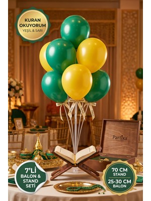 Partixa Kuran Okuyorum Balon Standı Seti 70 cm Masa Standı 7 Adet Lateks Balon Zümrüt Yeşili Sarı
