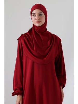 Berel Moda Şallı Namaz Elbisesi Bordo Tek Parça Şal ile Birleşik Örme Standart Beden