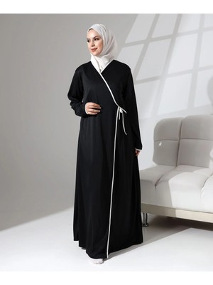 Berel Moda Namaz Elbisesi Siyah Içten ve Dıştan Bağlamalı Biyeli V Yaka Örme