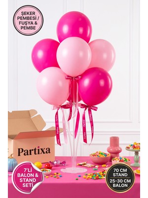 Partixa Şeker Pembesi Fuşya Konsept Balon Standı Seti 70 cm Masa Standı 7 Adet Lateks Balon Pembe Tonları