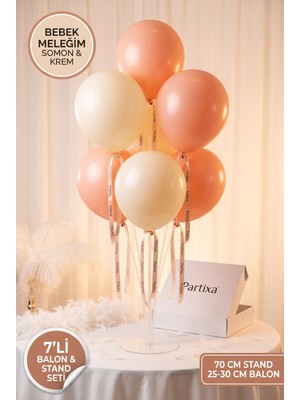 Partixa Bebek Meleğim Konsept Balon Standı Seti 70 cm Masa Standı 7 Adet Lateks Balon Somon Krem