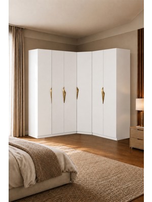 Avmpark Gama Gardırop 6 Kapaklı Köşe Modül+ Çekmeceli+ Askılı+ Tekli Metal Kulplu 208 cm Gardırop Elbise Dolabı