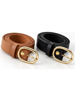 Afvente 2'li Set Dora Kadın Oval Gold Tokalı Pantolon Elbise Ceket Gömlek Etek Kemeri