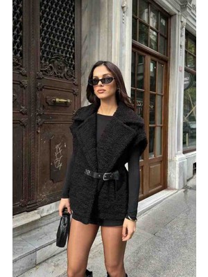 Zeynep Öykü Style Kadın Kemerli Peluş Yelek | Oversize Rahat Kalıp Şık Yelek