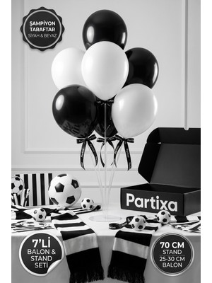 Partixa Şampiyon Taraftar Balon Standı Seti 70 cm Masa Standı 7 Adet Lateks Balon Siyah Beyaz
