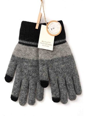 Suyutti Dokunmatik Eldiven Gri Siyah Çizgili Sıcak Tutan Kışlık Touchscreen Gloves Unisex