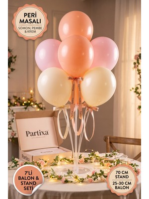Partixa Peri Masalı Sihirli Bahçe Balon Standı Seti 70 cm Masa Standı 7 Adet Lateks Balon Somon Pembe Krem
