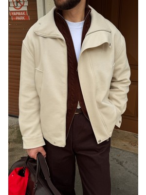 Livio Ferri Yongi Asimetrik Fermuarlı Çıtçıt Detaylı Oversize Erkek Gabardin Ceket