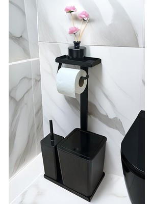 Egza 3'ü 1 Arada Banyo Seti Tuvalet Kağıtlık, Çöp Kovası ve Tuvalet Fırça Takımı Set Çizgili (Siyah)