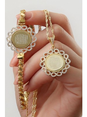 925 Ayar Gümüş Ayetel Kürsi Yazılı Kolye Bileklik Set, Gold Kaplama, Unisex