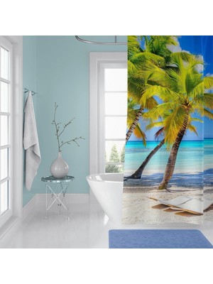 Banyo Perdesi 1X180X200 Tek Kanat Duş Perdesi Halka Hediyeli Duşakabin Perdesi Caribbean