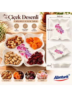 Abnturk 24,5cm Çiçek Desenli 4 Bölmeli Mika Sunum ve Çerez Tabağı-Dekoratif Servis Kuruyemiş Ikram Tabağı