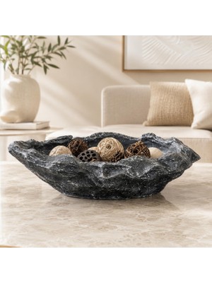 Modern Beton Dekoratif Kase – Gri Siyah Taş Dokulu Orta Sehpa Objesi – El Yapımı Salon ve Masa Üstü Dekoru – 30 cm