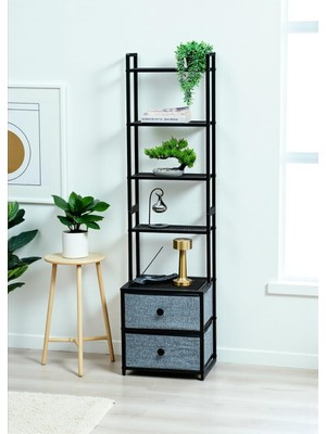 Dekoratif Siyah Metal Kitaplık 5 Raflı 2 Çekmeceli Komidin Çok Amaçlı Stand Organizer