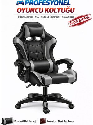 Gri Desen Oyuncu Koltuğu, Ergonomik Tasarım, Ayarlanabilir Boyun ve Bel Yastığı, Hareketli Kolçak