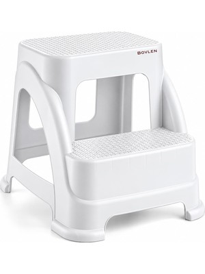 Iki Basamaklı Kaymaz Büyük Boy Tabure - 120 kg Taşıma Kapasiteli - Basamaklı Tabure - Sert Plastik- 42X44X44 (Beyaz)
