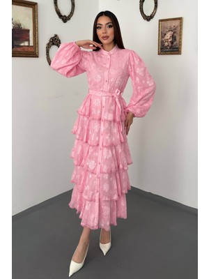 Orden Yaşam Pembe Valonlu Şeritli Uzun Elbise