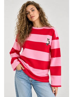 Mevese Kadın Oversize Fit Çizgili Nakış Detaylı Sweatshirt - Pembe-Kırmızı