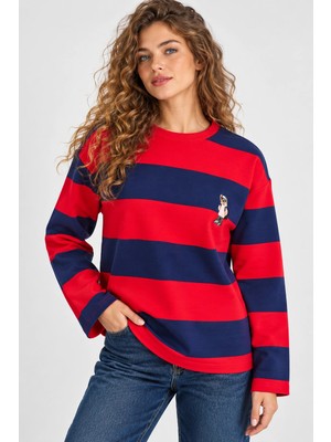 Mevese Kadın Oversize Fit Çizgili Nakış Detaylı Sweatshirt - Kırmızı-Lacivert