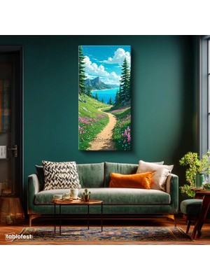 Tablofest Dikey Panoramik Kanvas Tablo Çiçekli Yol Dağ ve Göl Manzara Tablosu Salon Yatak Odası Duvar Dekoru