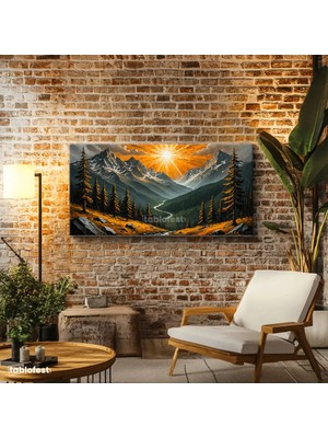 Tablofest Yatay Panoramik Kanvas Tablo Dağlar ve Çam Ormanları Yağlı Boya Görünümlü Manzara Duvar Dekoru