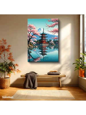 Tablofest Dikey Kanvas Tablo Fuji Dağı ve Pagoda Japon Tarzı Manzara Tablosu Salon Yatak Odası Duvar Dekoru