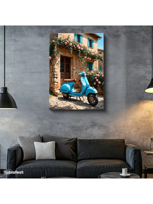 Tablofest Dikey Kanvas Tablo Italyan Sokak ve Scooter Yağlı Boya Görünümlü Manzara Tablosu Salon Duvar Dekoru