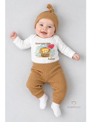 Babyden's Anneannesinin Aslanı Yazılı 3’lü Bebek Takımı Uzun Kol Çıtçıtlı Zıbın, Ribana Pantolon,şapka