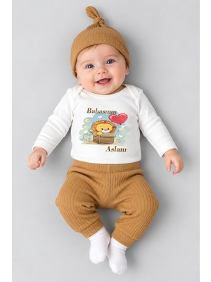 Babyden's Babasının Aslanı Baskılı 3’lü Bebek Takımı Uzun Kol Çıtçıtlı Zıbın, Ribana Pantolon, Bere %100 Pamuk
