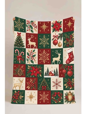 Luvis Store Yılbaşı Koleksiyonu Patchwork Desenli Çok Amaçlı Polar Battaniye & Örtü