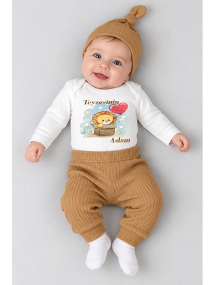Babyden's Teyzesinin Aslanı 3’lü Bebek Takımı %100 Pamuk Fitilli Kumaş Uzun Kollu Zıbın, Pantolon, Bere Set