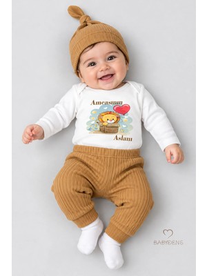 Babyden's Amcasının Aslanı Yazılı 3’lü Bebek Takımı Uzun Kollu Çıtçıtlı Body,fitilli Pantolon Şapka Set