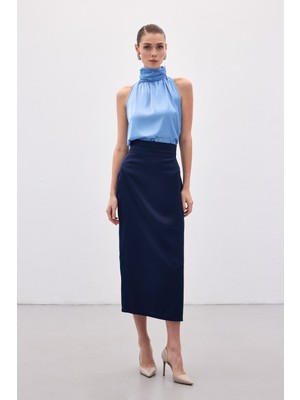 Sateen Bel Pile Detaylı Saten Etek - Lacivert