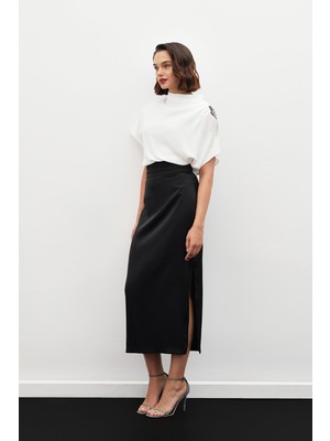 Sateen Bel Pile Detaylı Saten Etek - Siyah