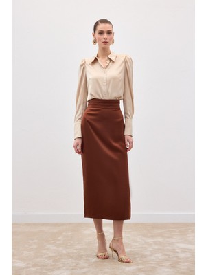 Sateen Bel Pile Detaylı Saten Etek - Kahve