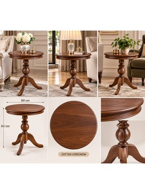 Bezos 5921 Yuvarlak Lüks Fiskos Sehpa 60X60X62 cm Tornalı Ayaklı Ahşap Yan Sehpa + Fiskos +Ceviz Renk Gambera1