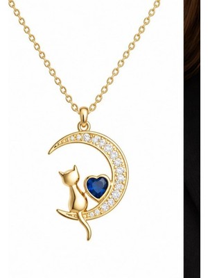 Ed Caesar 925 Ayar Gümüş Mavi Taşlı Gold Kedi Kolye