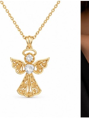 Ed Caesar 925 Ayar Gümüş Gold Kalp Tektaş Melek Kolye