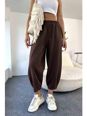 Nana & Mayka Moda Kadın Şalvar Acı Kahve Pantolon Salaş Dört Mevsim Rahat Pamuk Lastikli Bel Günlük Model Gabardin