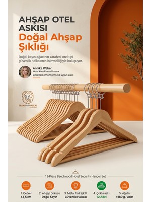 Transformacion 12 Adet Otel Tipi Güvenlik Halkalı Doğal Kayın Elbise Askısı Ceket Pantolon Askılık Seti Hırsızlık Önleyici 723856