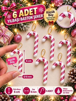 Asöy Yılbaşı Çam Ağacı Süsü Baston Şeker Ağaç Süsü 6 cm Küçük Boy 6lı Yılbaşı Dekor Süsü