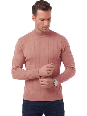 RizzUP Erkek Slim Fit Yarım Balıkçı Yaka Çizgi Dokulu Gülkurusu Triko Kazak 2505503
