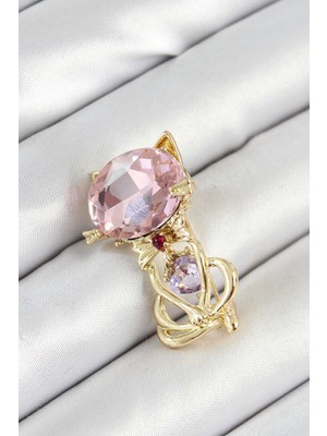 Bin1çeşit Pembe Zirkon Taşlı Kap Detaylı Kedi Figürlü Renk Kadın Broş
